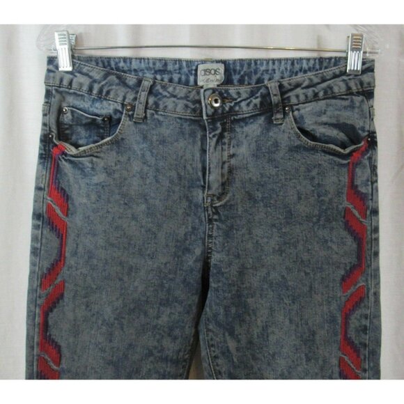 Asos Denim Blue Stonewashed Embroidered Skinny Jeans 8 - Picture 2 of 5